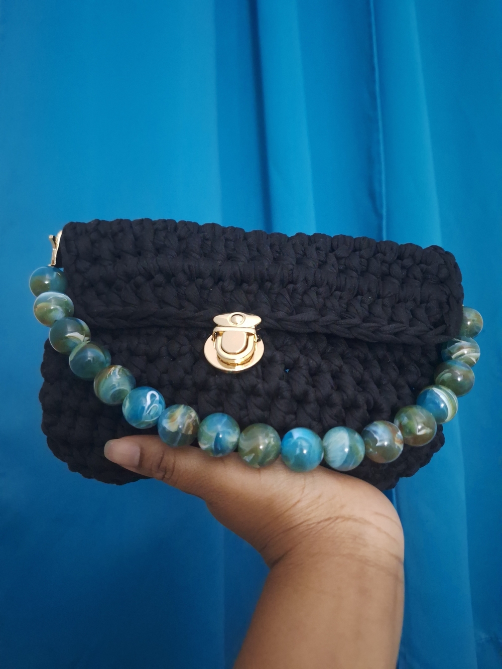 Handmade Black Crochet Clutch with Blue-Green Beaded Strap
